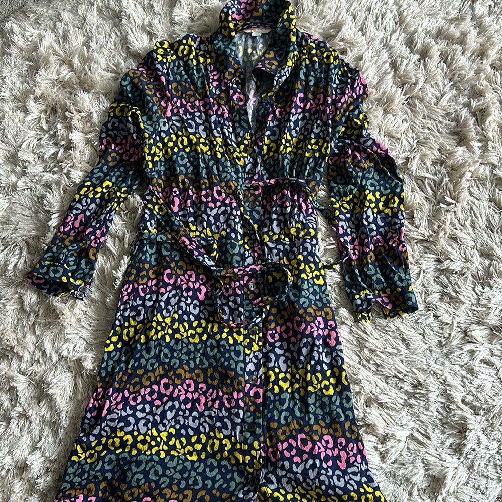 Boden Navy Multicolor Leopard-Print Long Sleeve Shirt Dress
